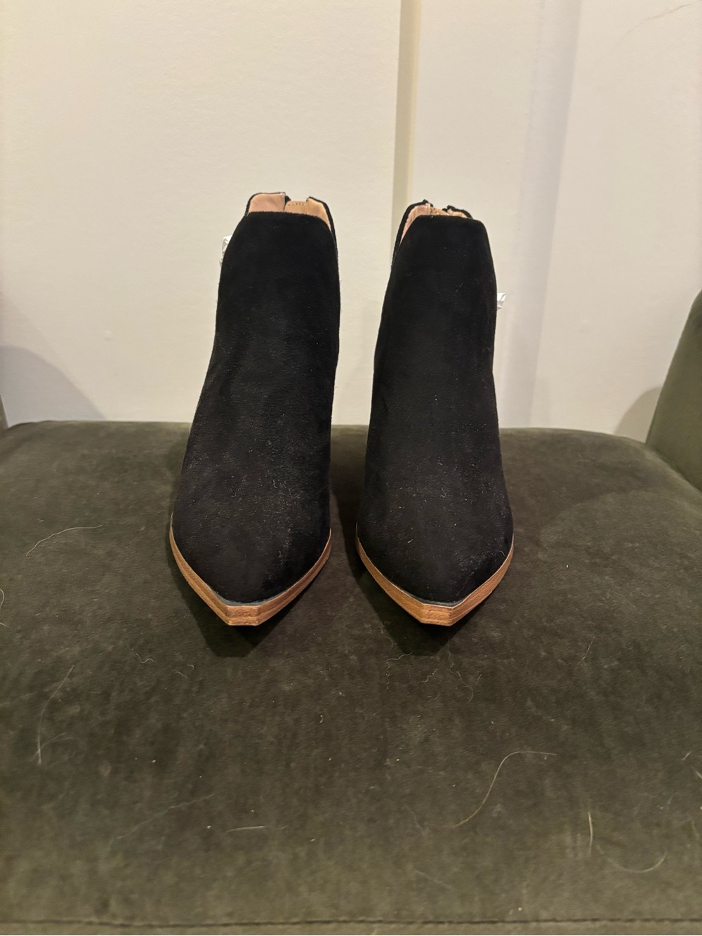 Women's Black Suede Ankle Booties with Wood-Tone Trim